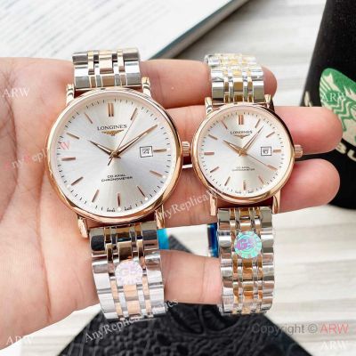 Copy Longines Master Lovers Watches Half Rose Gold Case Silver Dial